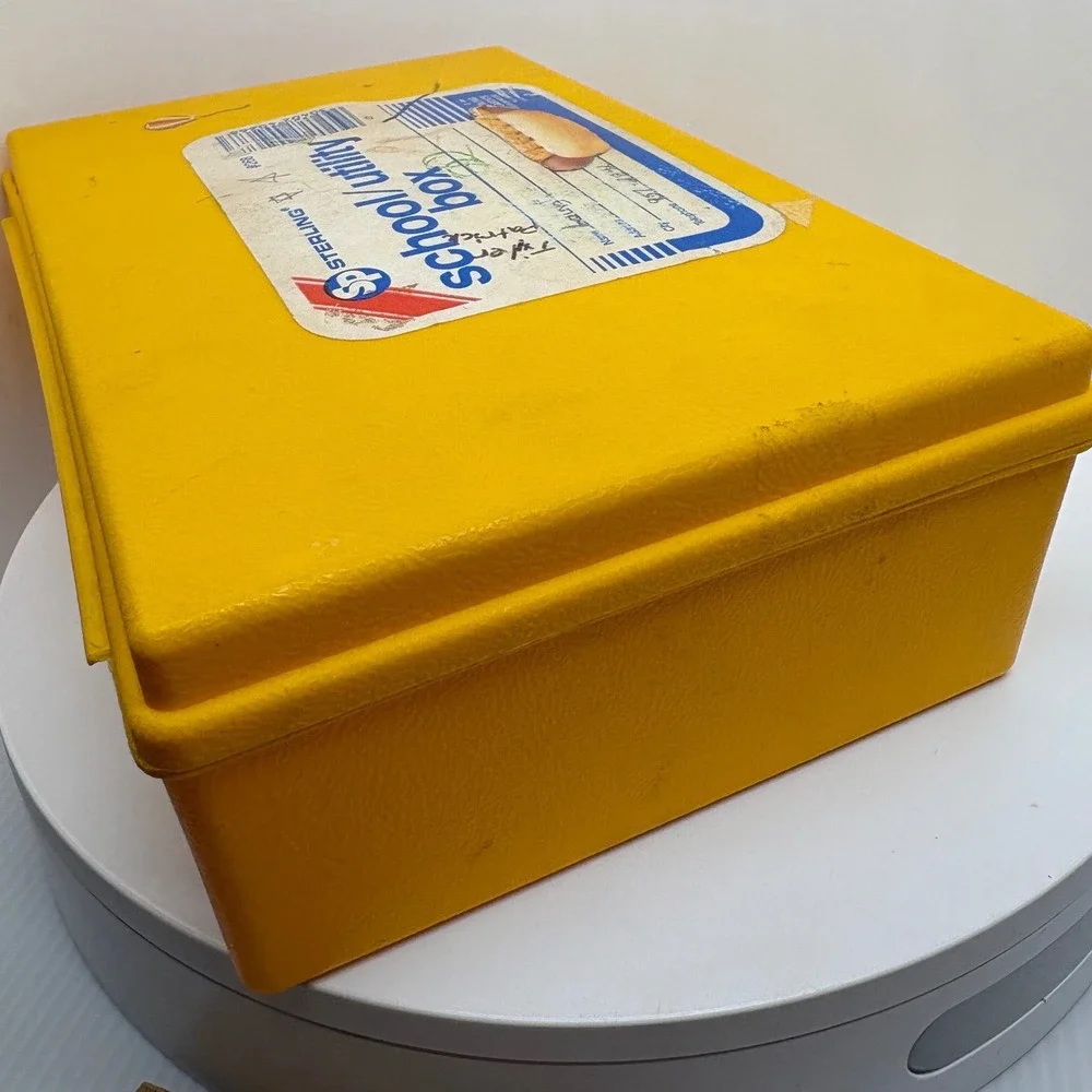 1980s Sterling Plastics Yellow School Utility Box 268 Hot‎ Dog Label 1981 USA